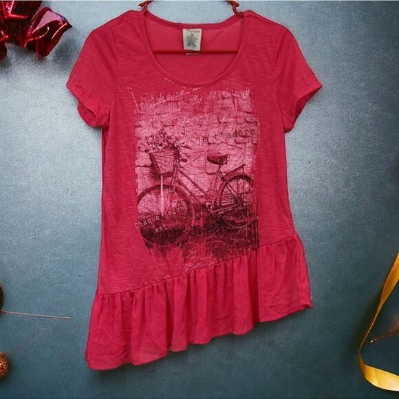 Paris Bike Hot Pink Burnout Tee Ruffled Hem 🚲 Bicycle Print Women's Knit Top - Picture 1 of 9